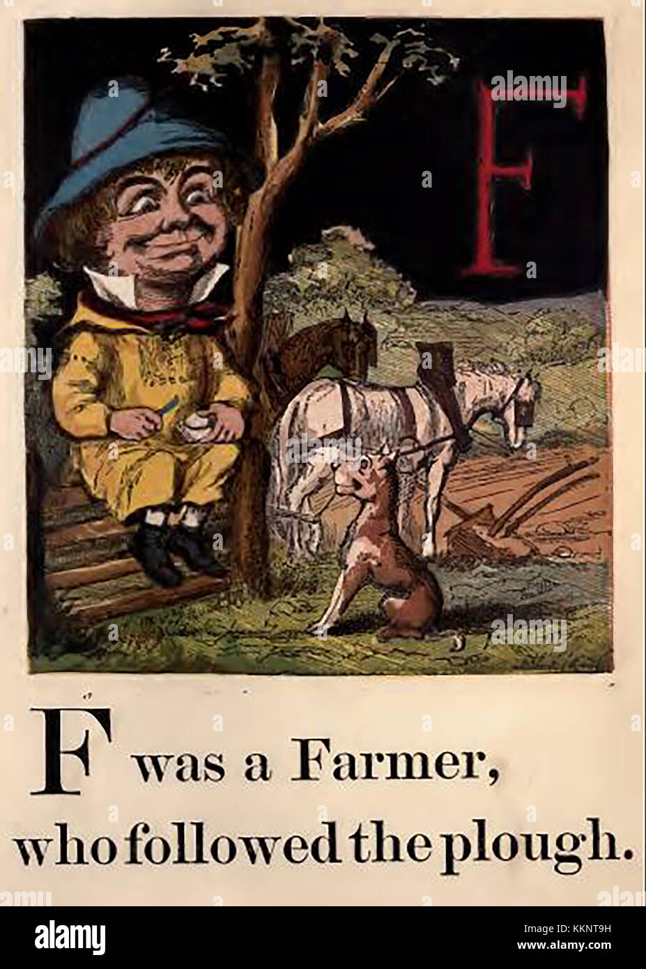 In einem historischen viktorianischen farbige Kinder ABC-Buch Abbildung-F für Landwirt (gewöhnlichen Bauern mit seinen Pferden und einem Hund. Stockfoto