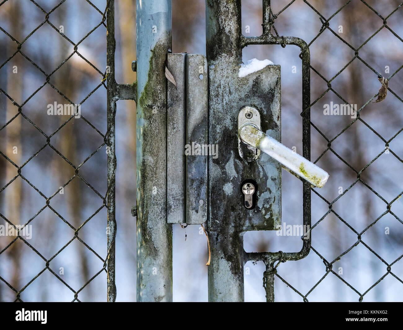 Tür in einen Zaun mit dem Bild einer Winterlandschaft gesperrt Stockfoto