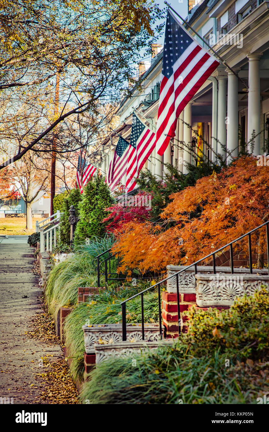 Fahnen schwenkten in einem patriotischen Northern Virginia Nachbarschaft. Stockfoto