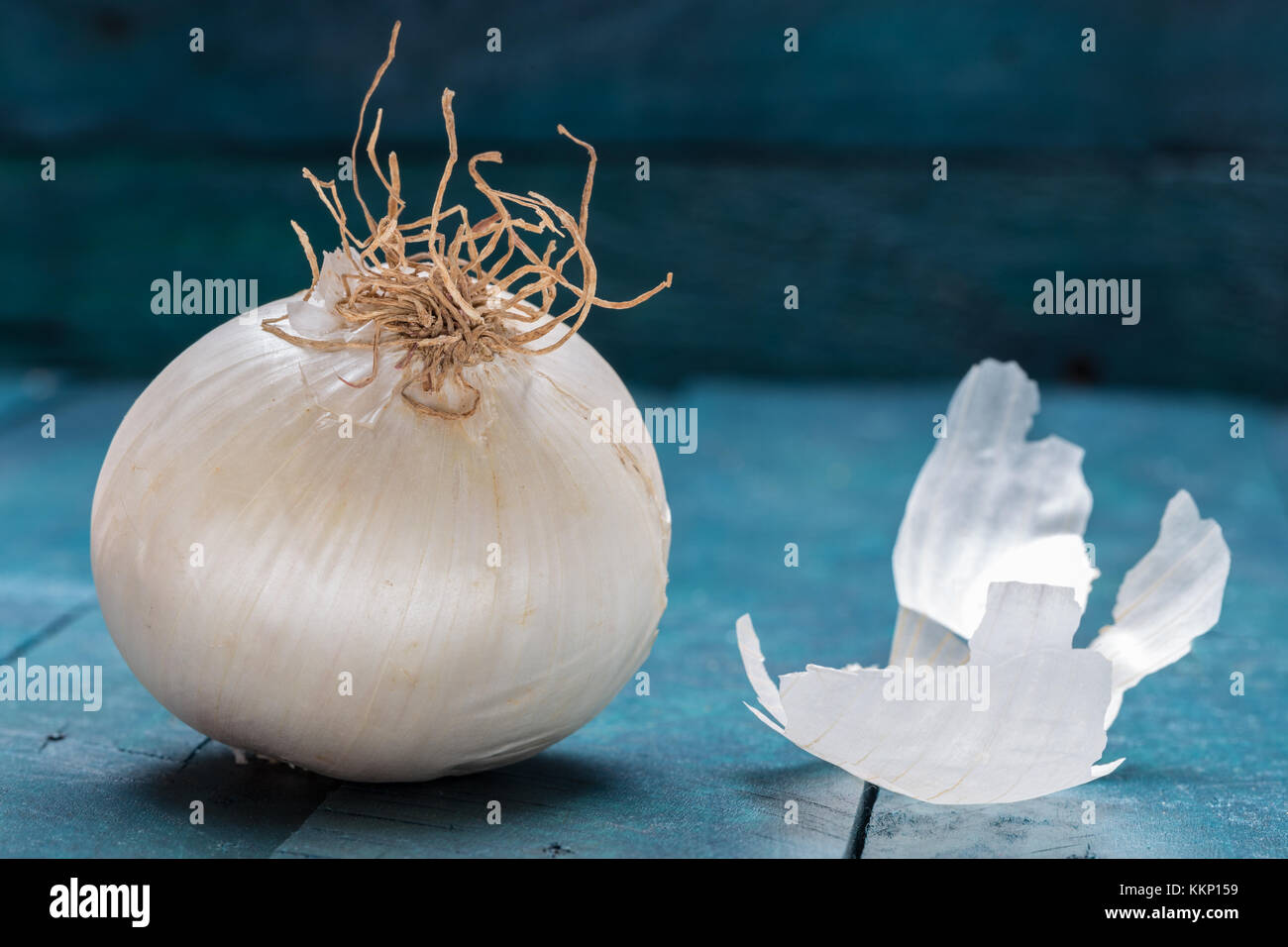 Weiße Zwiebel auf Benzin - farbige Holz- Hintergrund. Stockfoto