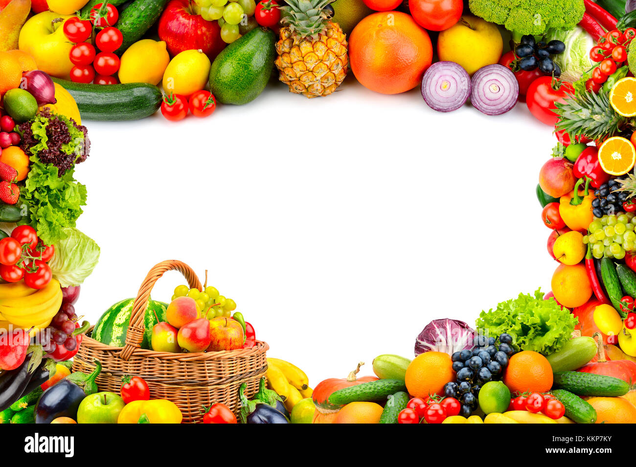 Rahmen aus einer Vielzahl von Gemüse und Obst. Isolierten Raum in der Mitte. Stockfoto