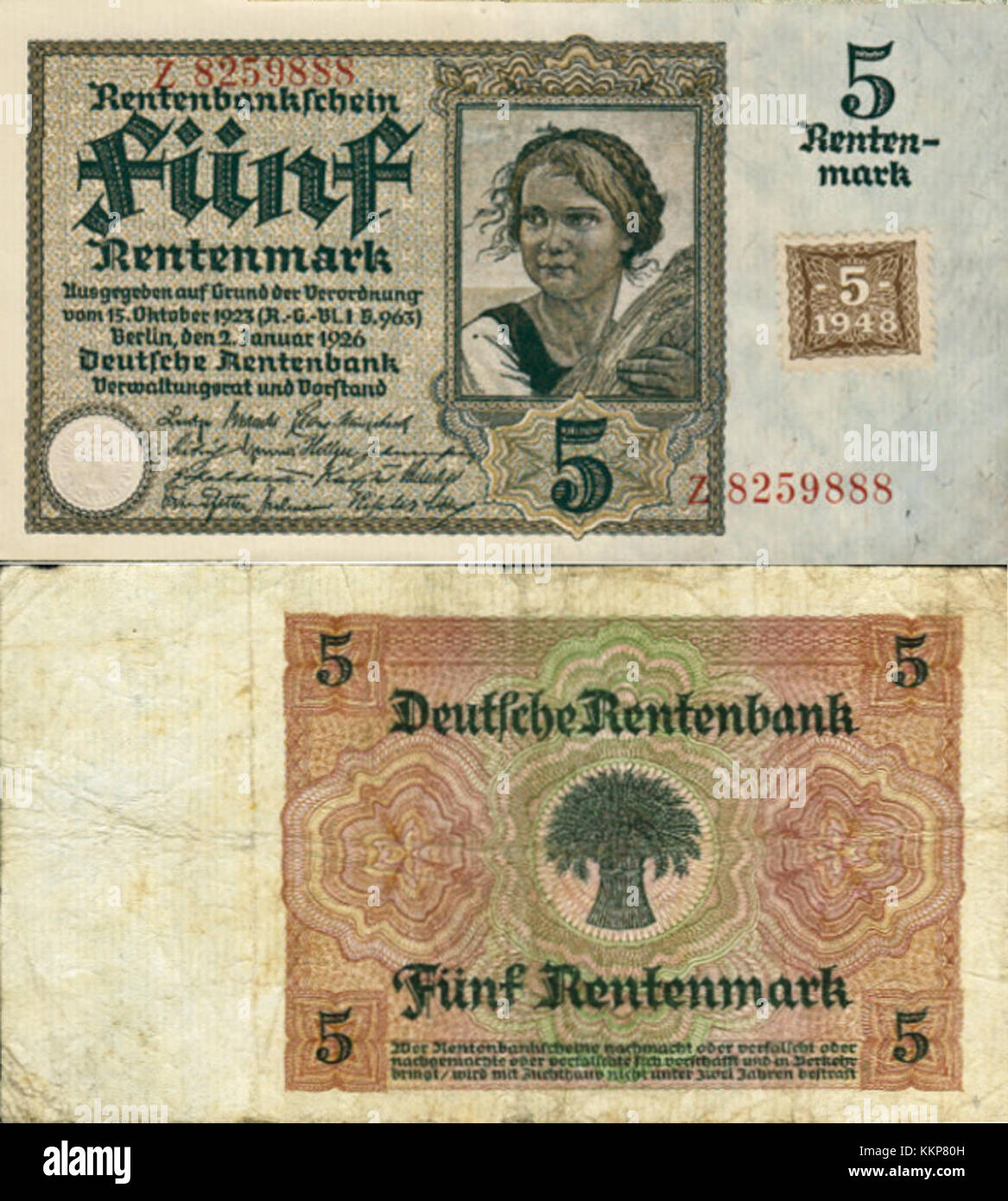5 Rentenmark 1926 1 2 SBZ Stockfoto