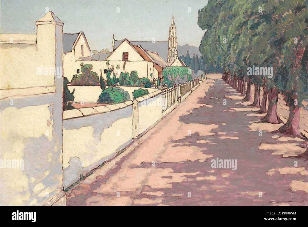 JH Pierneef's Sleepy Town in the Cape (1929) ist ein südafrikanisches Landschaftsgemälde, das die ruhige Schönheit des ländlichen Lebens am Kap einfängt. Das Kunstwerk spiegelt Pierneefâ Meisterschaft der südafrikanischen Landschaft wider und konzentriert sich dabei auf die Harmonie zwischen Natur und Architektur in der Region. Stockfoto