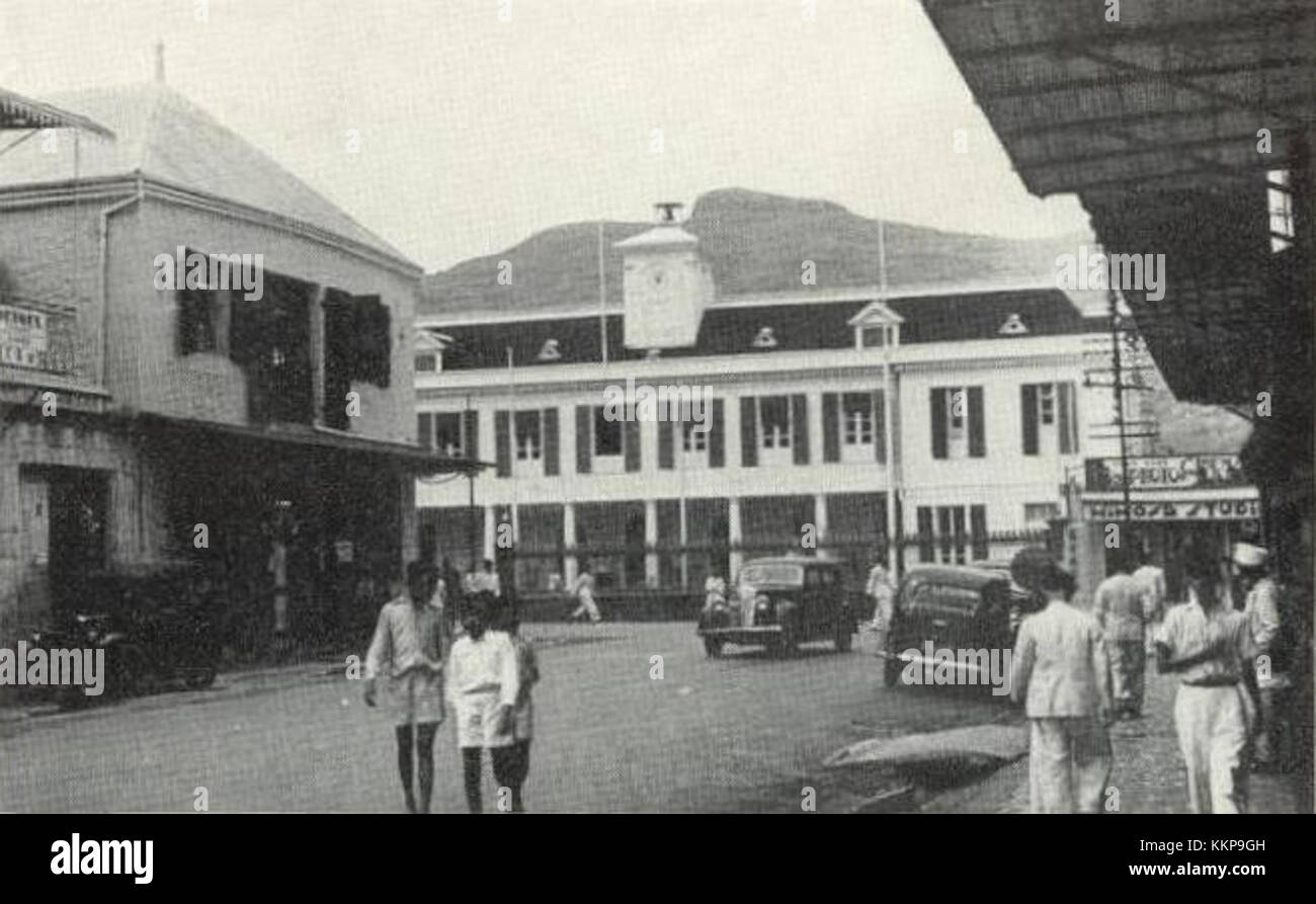Foto von Port Louis, Mauritius, während der 1950er Jahre, mit Aufnahmen der städtischen Landschaft und der kolonialen Architektur der Epoche. Stockfoto