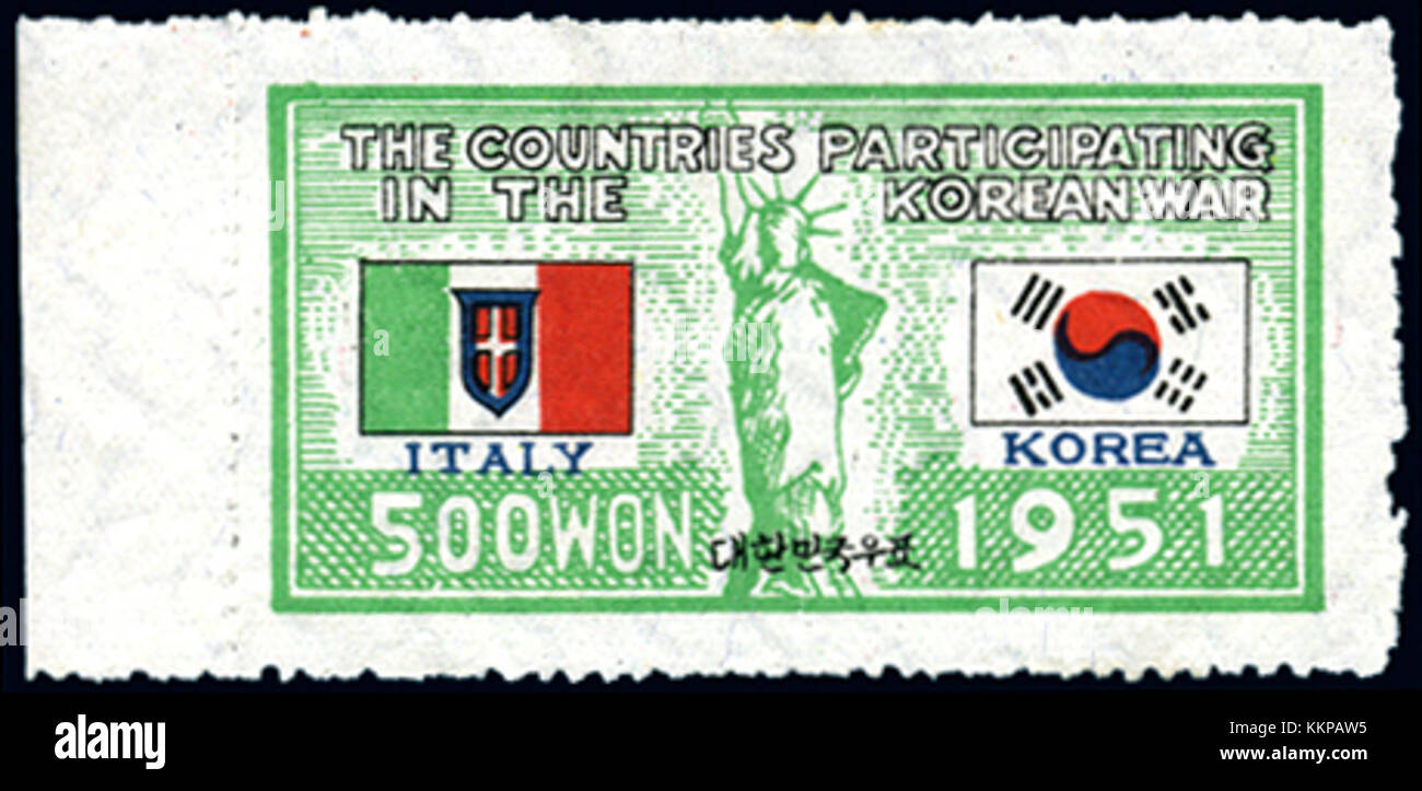 Gedenkmünze aus dem Jahr 1952 mit Symbolen von Korea, Italien und Liberty, die wahrscheinlich ein bedeutendes Ereignis oder Jubiläum zwischen den drei Einheiten markieren. Stockfoto