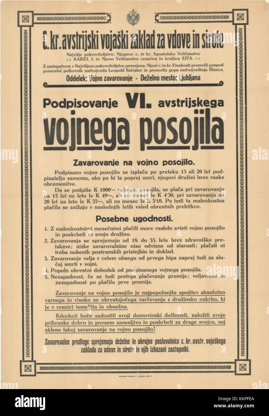 Dieses historische Poster aus dem Jahr 1917 erinnert an die Unterzeichnung des Kredits für den Sechsten Österreichischen Krieg, ein bedeutendes Ereignis bei den Spendenaktionen Österreichs im Ersten Weltkrieg. Stockfoto