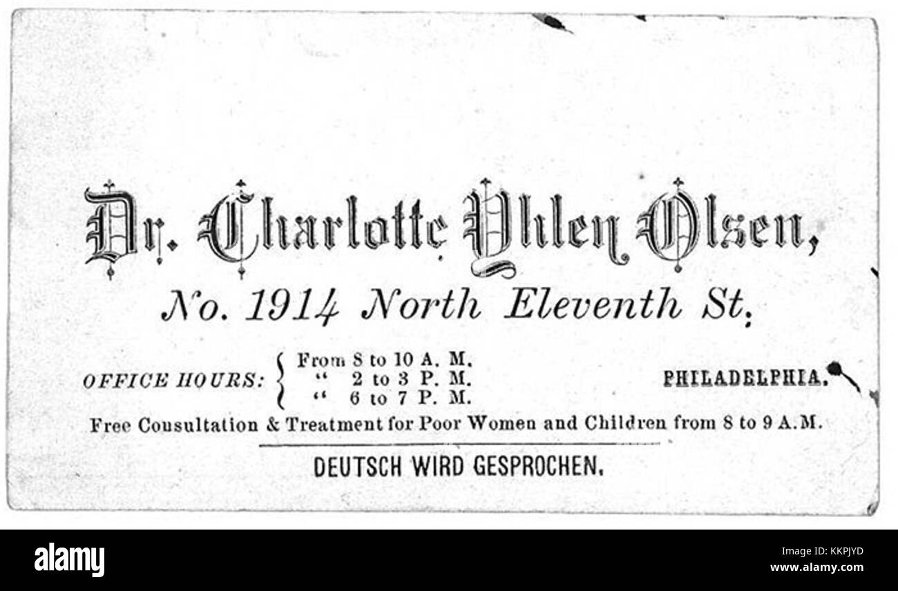 Charlotte Yhlens Visitenkarte ist ein Artefakt, das ihre berufliche Identität repräsentiert. Sie diente wahrscheinlich als Mittel zur Vernetzung und Korrespondenz in ihren Geschäftsaktivitäten. Stockfoto