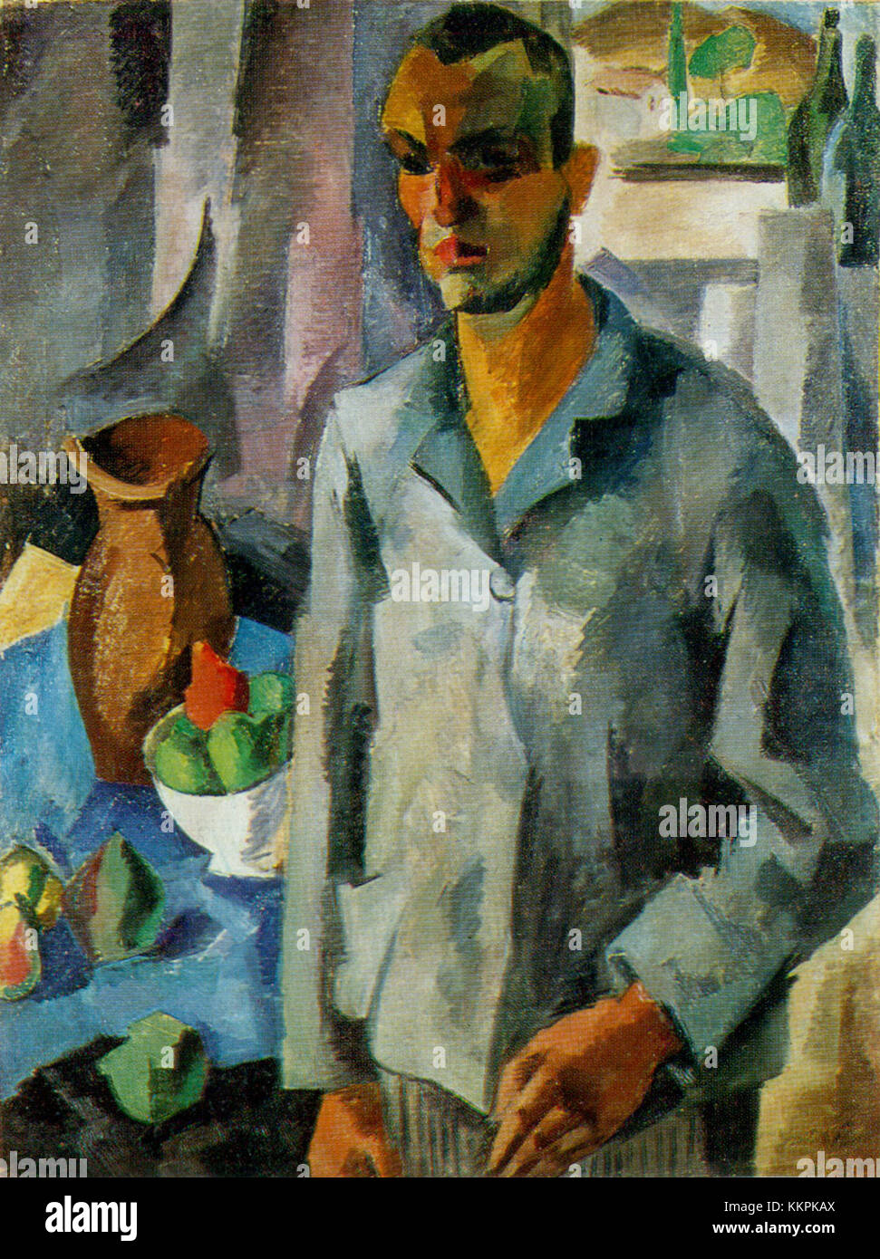 Dieses Selbstporträt von Robert Falk aus dem Jahr 1916 zeigt den unverwechselbaren Stil des Künstlers, indem er sich an einem Fenster zeigt. Das Gemälde reflektiert den Umgang des Künstlers mit Licht, Selbstreflexion und Porträtmalerei während dieser Zeit. Stockfoto Dieses Selbstporträt von Robert Falk aus dem Jahr 1916 zeigt den unverwechselbaren Stil des Künstlers, indem er sich an einem Fenster zeigt. Das Gemälde reflektiert den Umgang des Künstlers mit Licht, Selbstreflexion und Porträtmalerei während dieser Zeit. Stockfoto