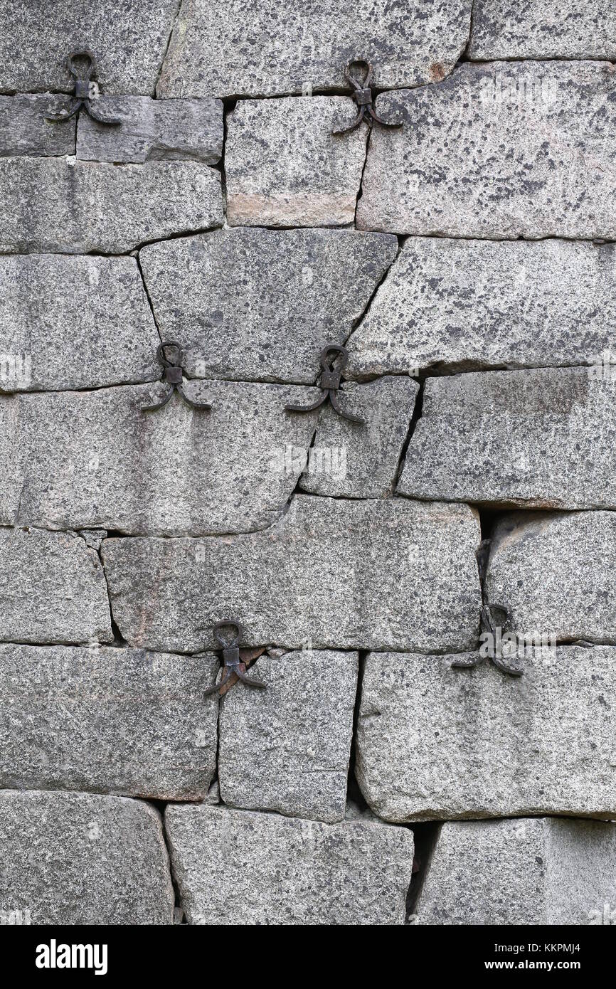 Historische fieldstone Wand verstärkt mit schmiedeeisernen Teile. Stockfoto