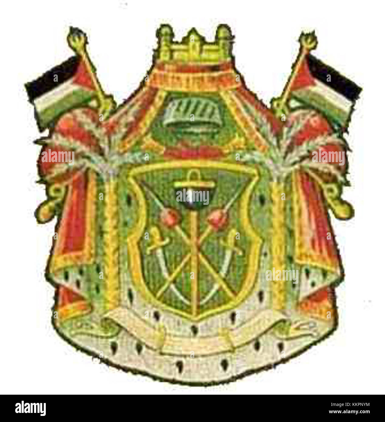 Das Wappen des Königreichs Hedschas symbolisiert das Wappen des kurzlebigen arabischen Königreichs, das von 1916 bis 1925 bestand. Das Design repräsentiert die arabische Identität der Region und ihren Anspruch auf Souveränität während der Periode der arabischen Revolte gegen das Osmanische Reich. Das Emblem ist mit einem Schwert und einem Schild versehen, die die militärischen und königlichen Aspekte des Königreichs widerspiegeln. Stockfoto