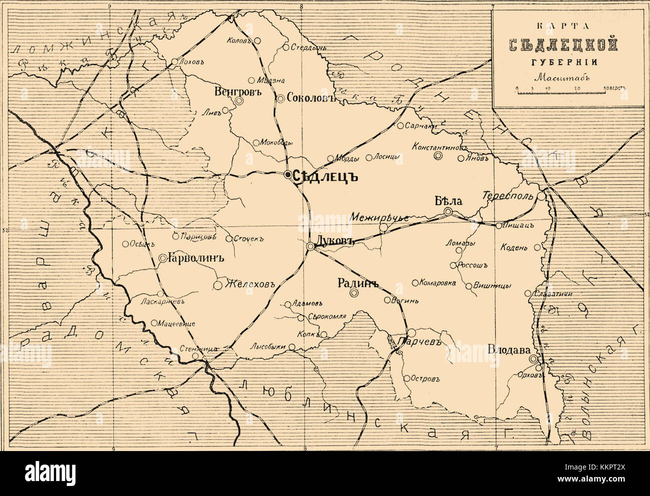Diese Referenz zeigt alte Karten des Gouvernements Siedlce, Teil des historischen russischen Polens, wie sie in der Brockhaus and Efron Jewish Encyclopedia gefunden wurden. Es zeigt geographische und historische Informationen aus dem 19. Jahrhundert. Stockfoto Diese Referenz zeigt alte Karten des Gouvernements Siedlce, Teil des historischen russischen Polens, wie sie in der Brockhaus and Efron Jewish Encyclopedia gefunden wurden. Es zeigt geographische und historische Informationen aus dem 19. Jahrhundert. Stockfoto