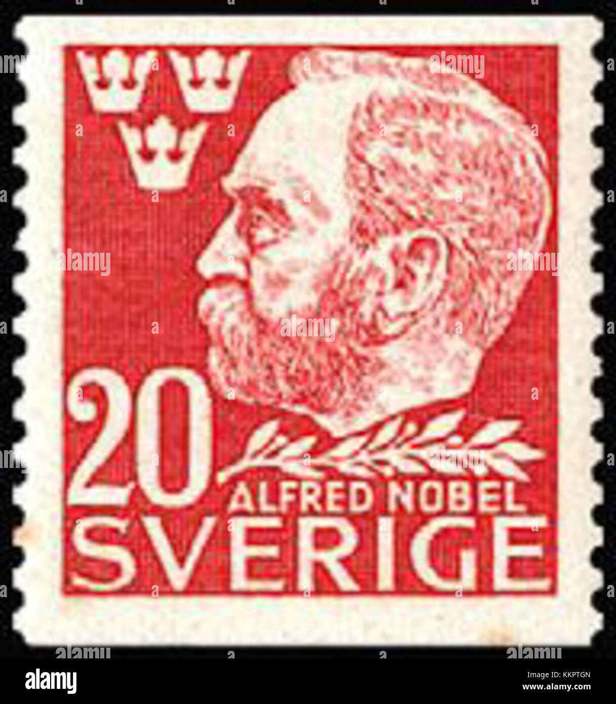 Die schwedische Briefmarke aus dem Jahr 1946 zeigt Alfred Nobel, den Begründer der Nobelpreise. Die 20-Erzmarke erinnert an Nobels Vermächtnis und seine Beiträge zu Wissenschaft und Kultur. Stockfoto