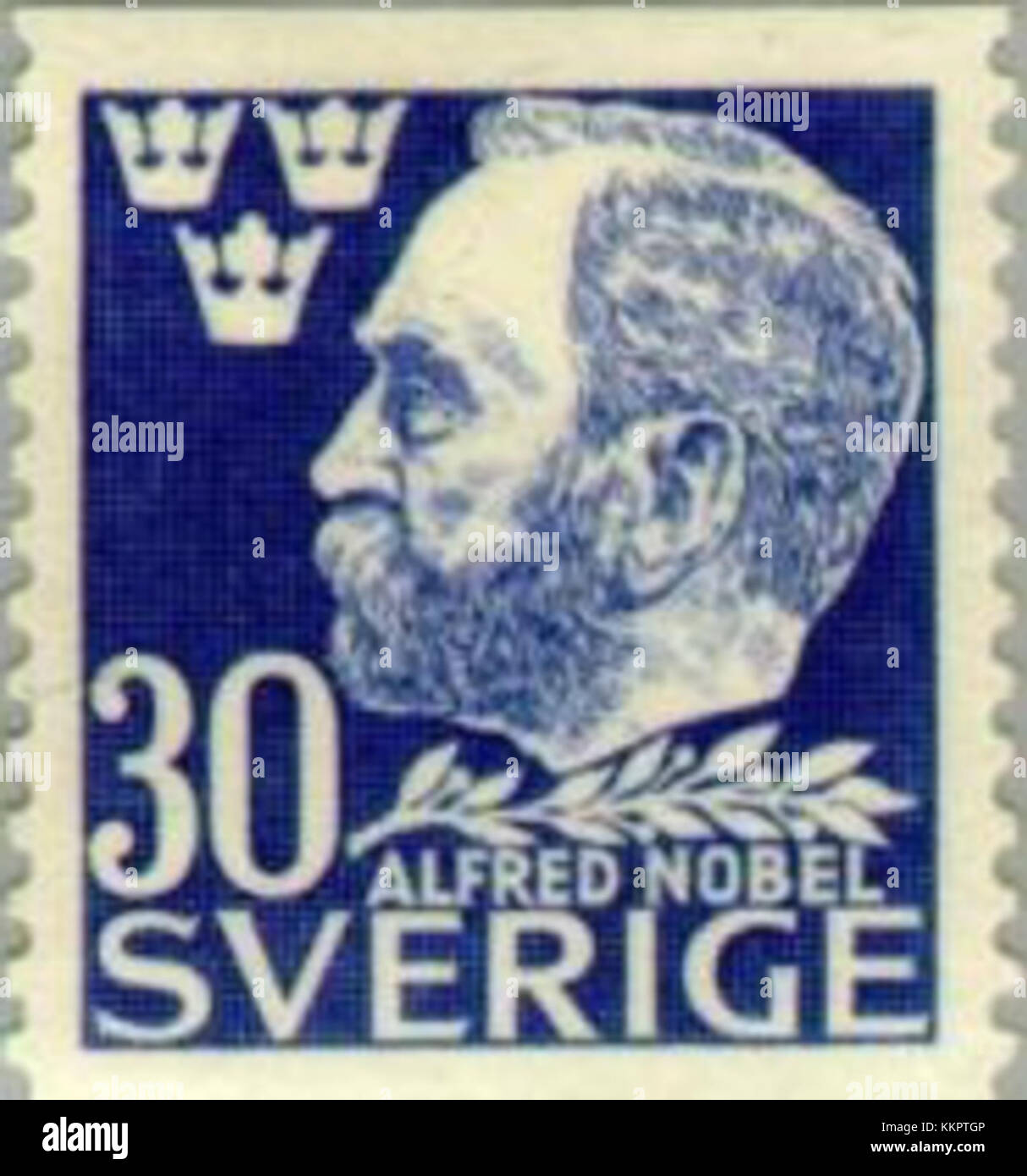 Diese schwedische Marke von 1946 erinnert an Alfred Nobel, den Erfinder des Dynamit und Gründer der Nobelpreise. Er hebt seine Beiträge zu Wissenschaft und Kultur in Schweden hervor. Stockfoto