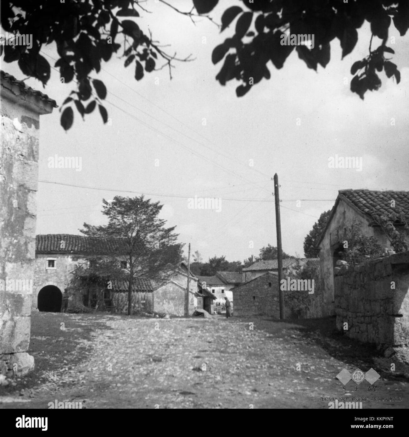 Ein historisches Foto aus Poljane, 1955, das die ländliche Landschaft und das tägliche Leben der Region in Slowenien zeigt. Das Bild bietet einen Einblick in das ländliche Slowenien Mitte des 20. Jahrhunderts. Stockfoto