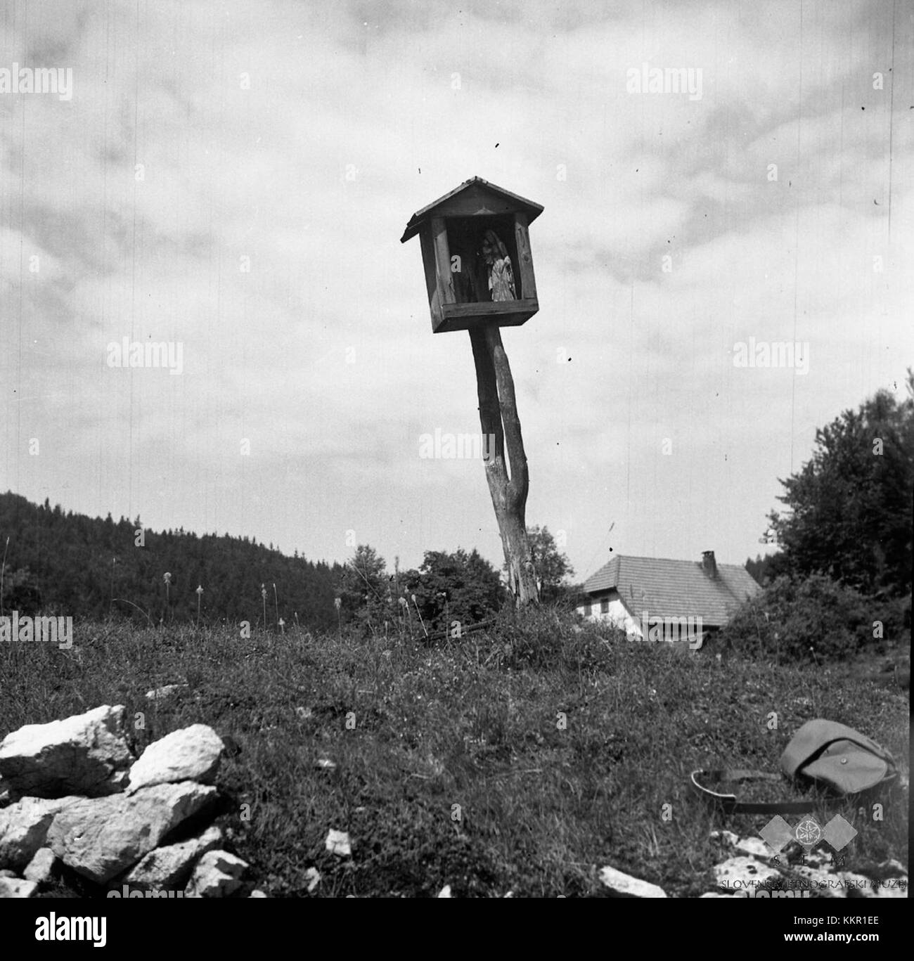 Die 1959 errichtete Marienstatue in Mrzli Log, Slowenien, ist ein religiöses Denkmal, das die Verehrung und den Glauben in der Region symbolisiert. Es beleuchtet die Kultur- und Religionsgeschichte von Sloveniaâ. Stockfoto