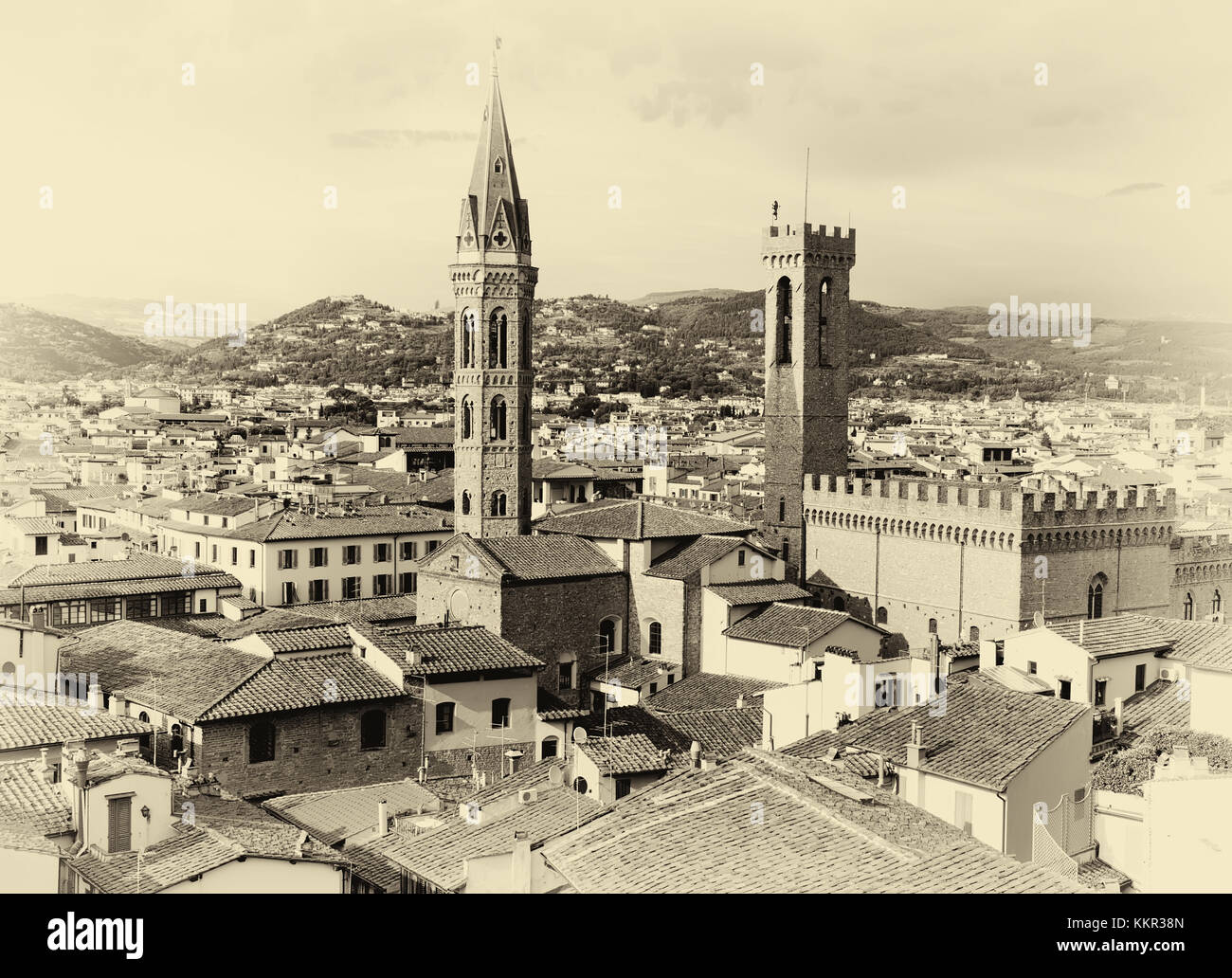 Florenz Stadtbild in Schwarz und Weiß sepia Ton in Italien einschließlich der Bargello Stockfoto