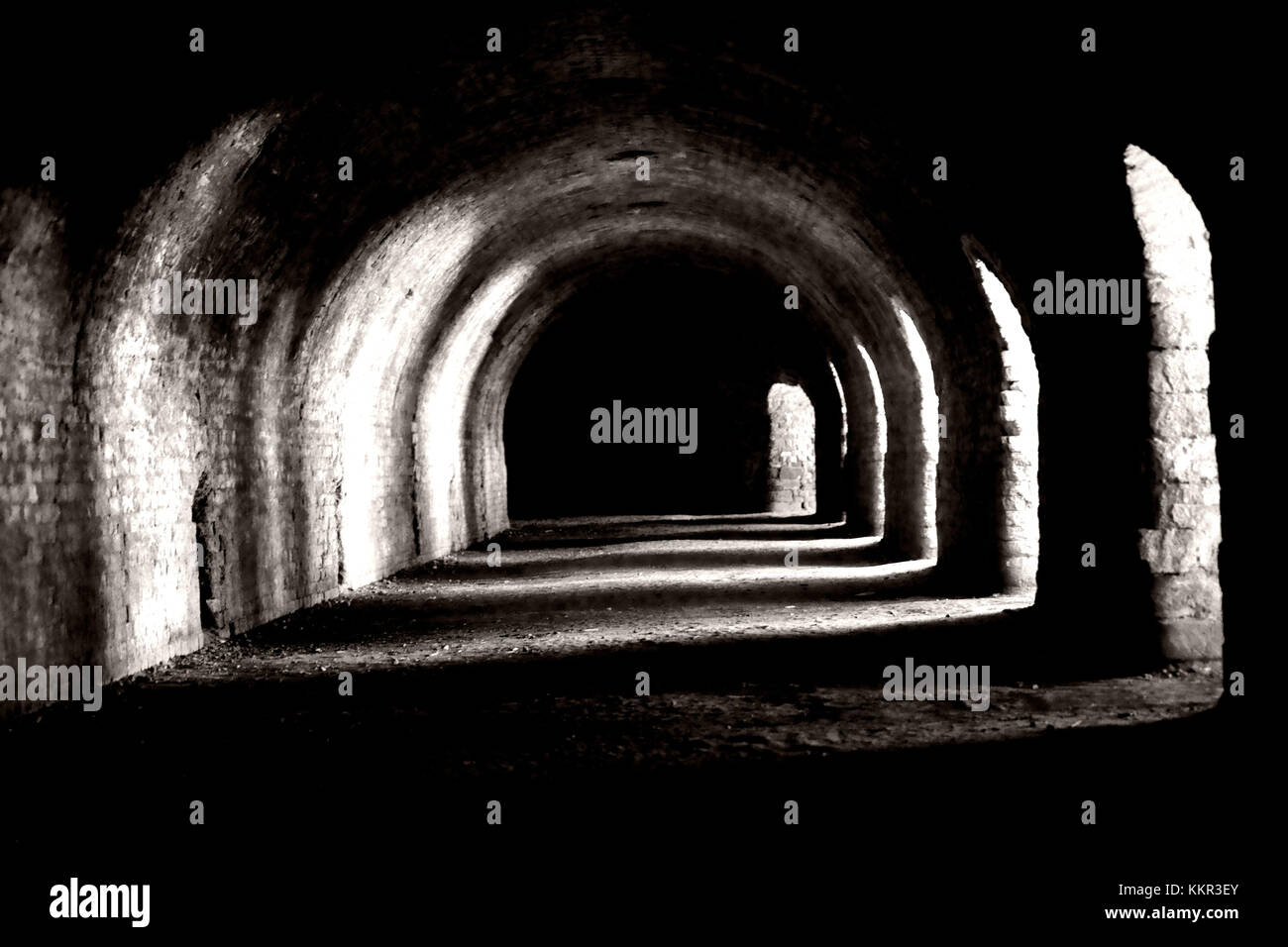 Licht scheint durch runde, bogenförmige Nischen in einem tunnelartigen Keller. Stockfoto