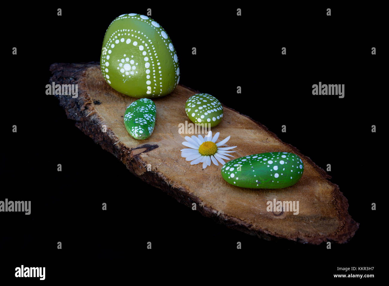 Bemalte Steine und Blühen, Punkte, Muster, Kunst, Steine, Stein Kunst Stockfoto