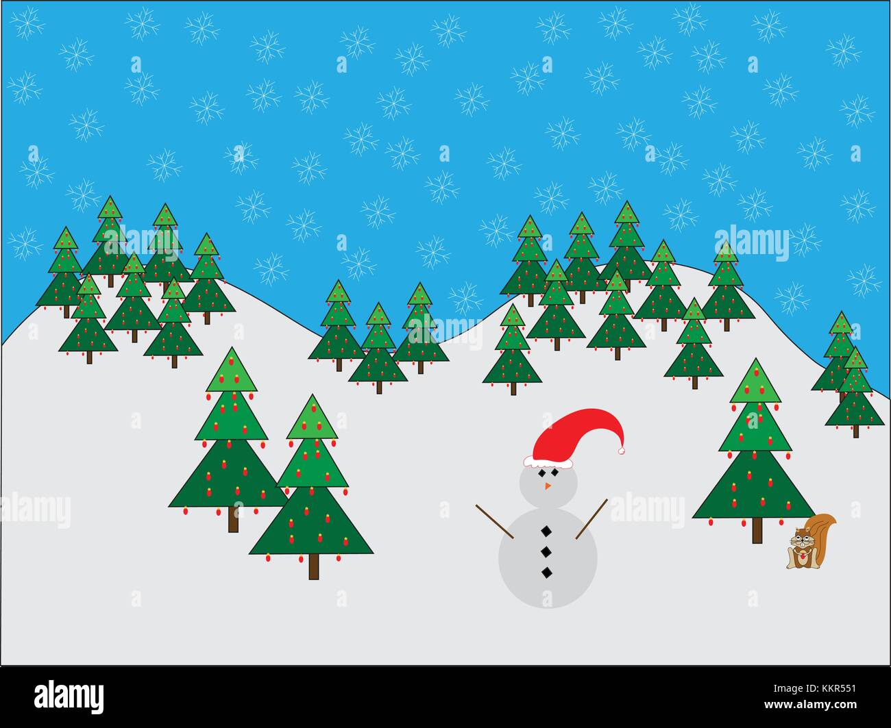 Illustrierte Schneemann und Eichhörnchen mit Weihnachtsschmuck im frisch verschneiten Winterwaldes Feld mit blauem Himmel und Schneeflocken. Stock Vektor
