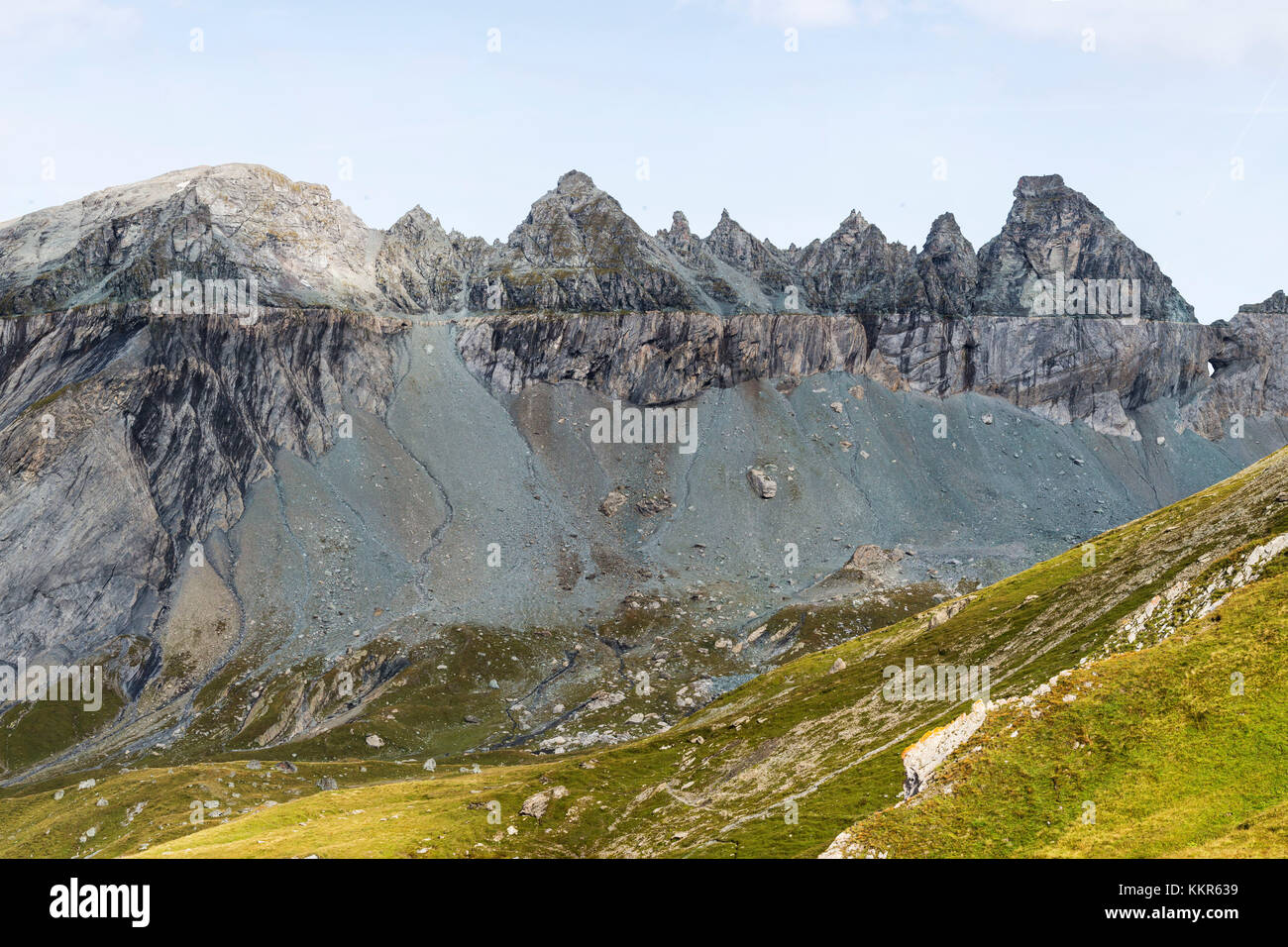 Blick auf die UNESCO-Welterbestätte Tektonikarena Sardona bei Flims, Graubünden, Schweiz, Stockfoto