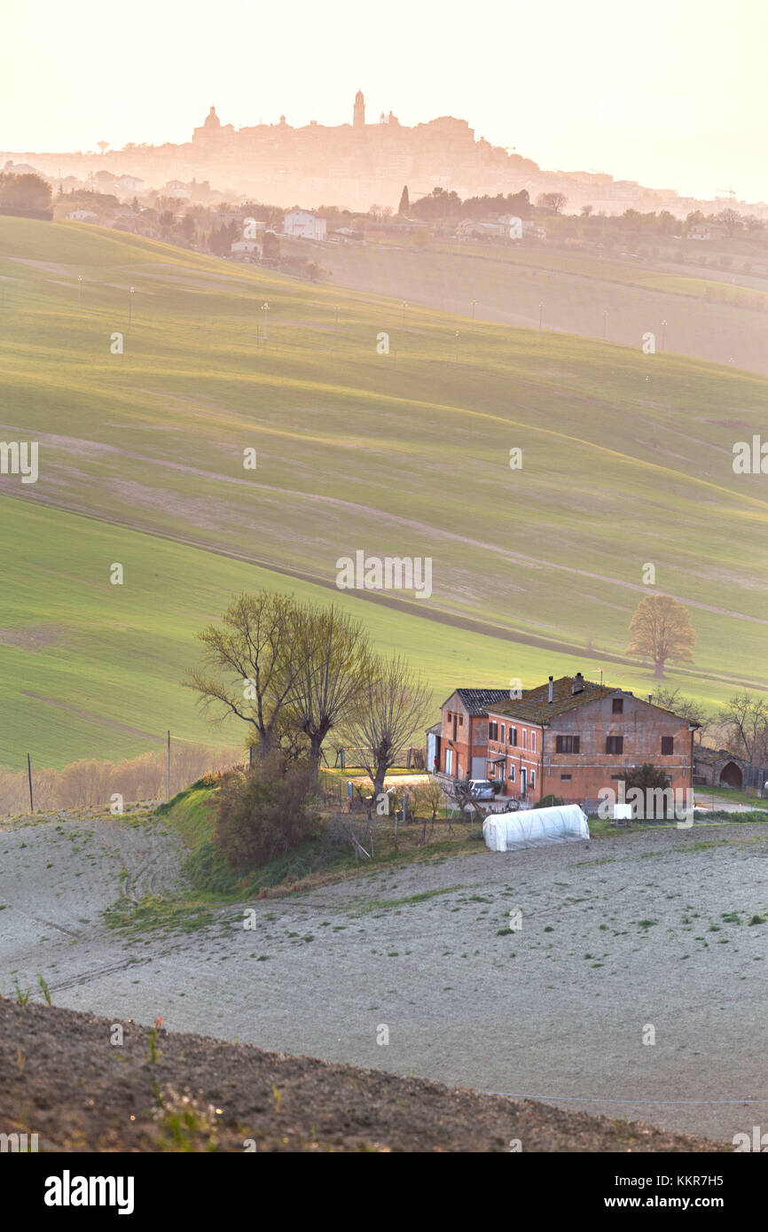 Blick auf die marchigian coutryside, im Hintergrund die Stadt Macerata, morrovalle Dorf, Macerata, Marken, Italien Stockfoto