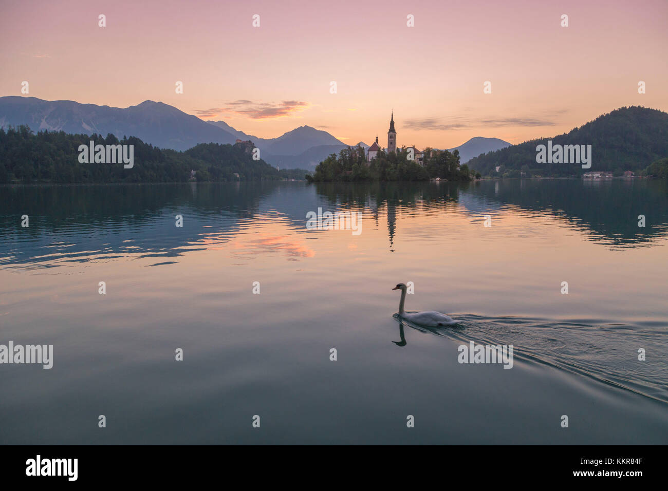 Bleder Insel und See von Bled entfernt. Bled, Obere Krainer region, Slowenien. Stockfoto