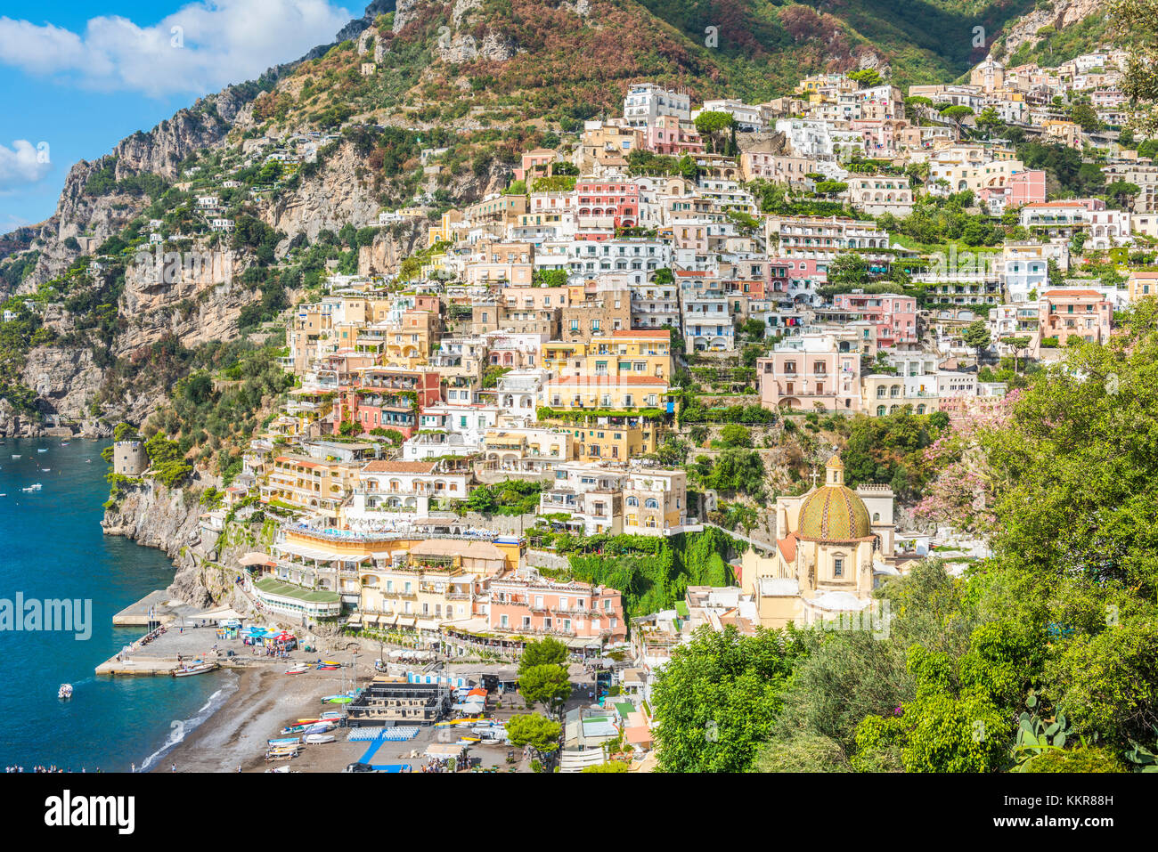 Positano, Amalfi, Salerno, Kampanien, Italien. Positano Stadtbild Stockfoto