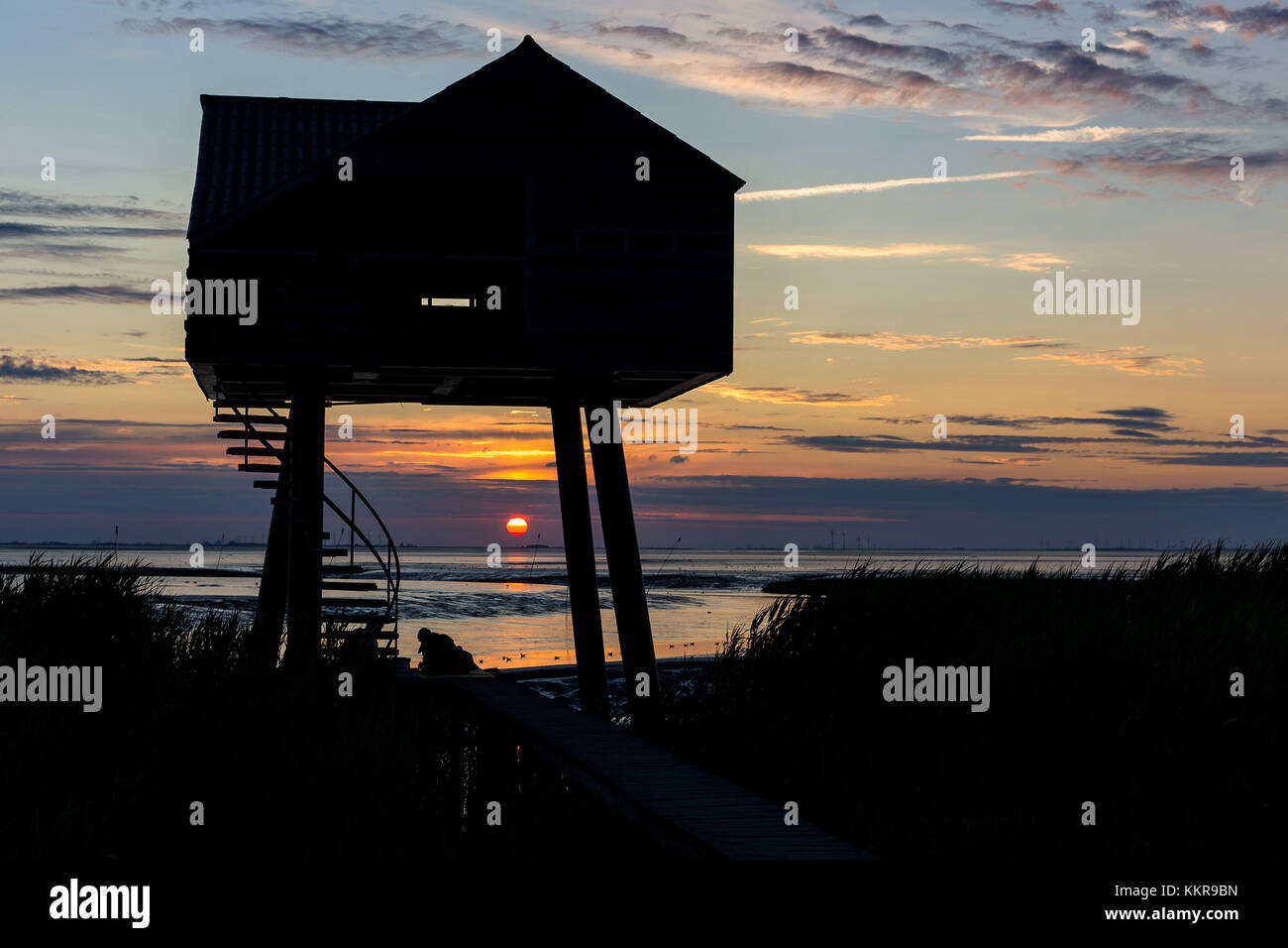 Ein Holzhaus für Vogelbeobachtung an der Grenze von Deutschland und den Niederlanden in der Nähe von Nieuwe statenzijl Stockfoto