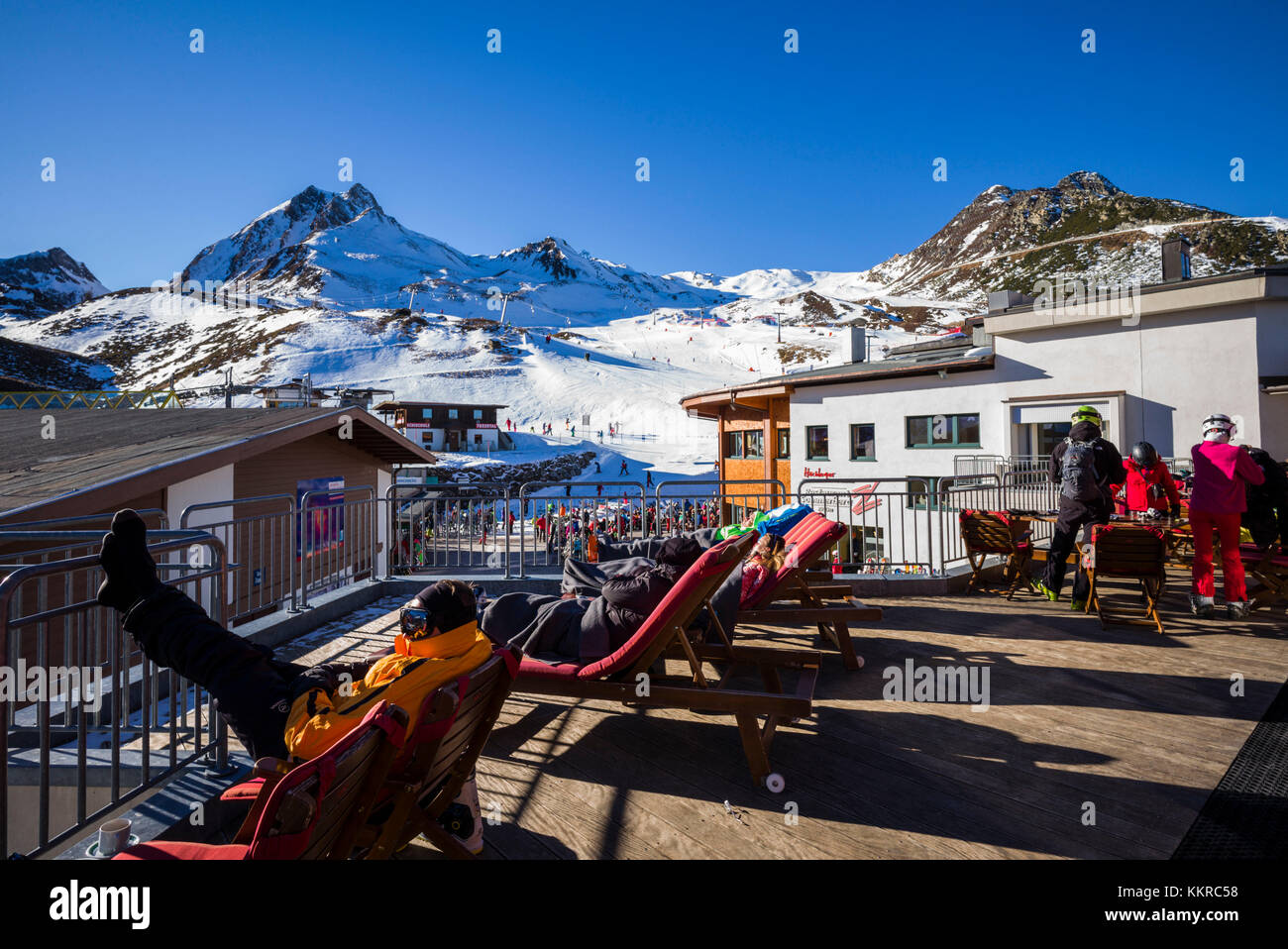 Österreich, Tirol, Hintertux, Zillertal, Hintertuxer Gletscher, Restaurant sommerberg, Höhe 2100 Meter Stockfoto