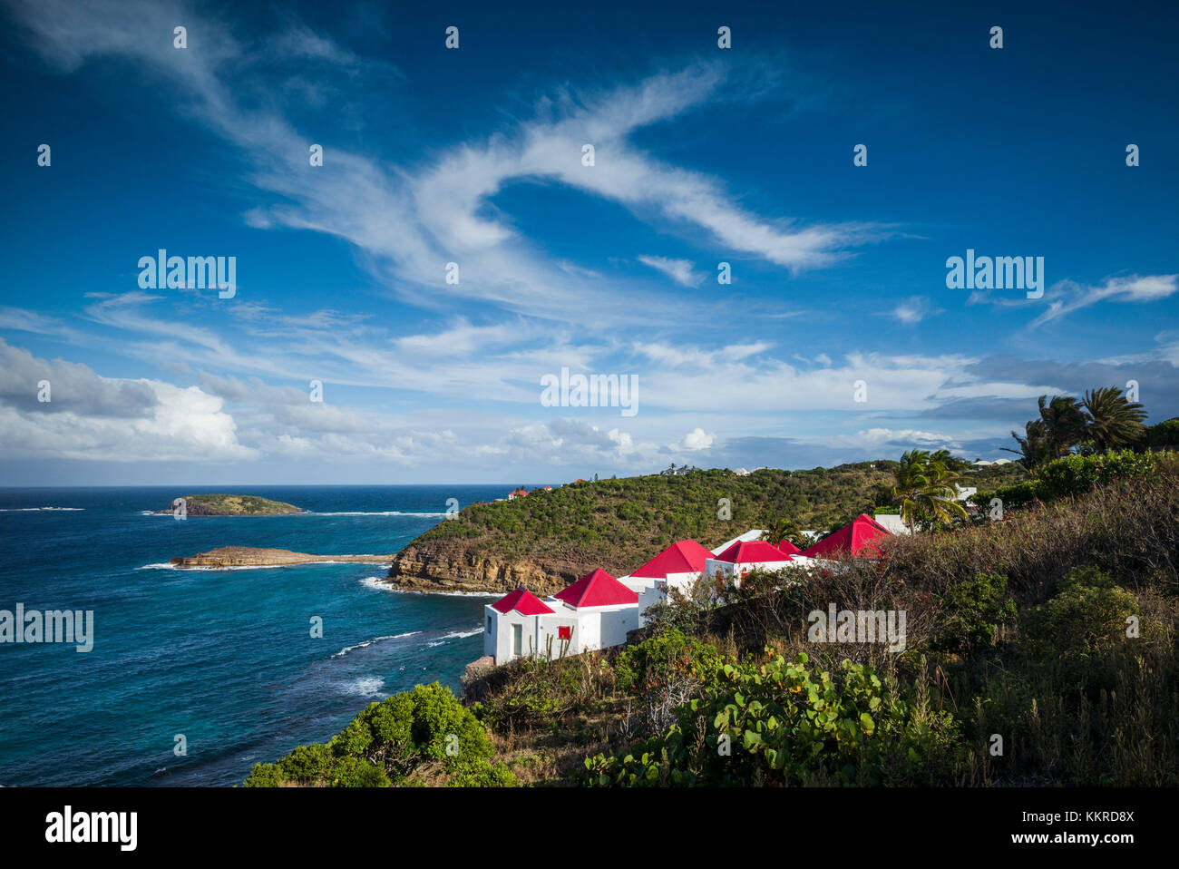Französische Antillen, St Barthelemy, Marigot, Erhöhte Ansicht von Anse de Marigot Bay Stockfoto
