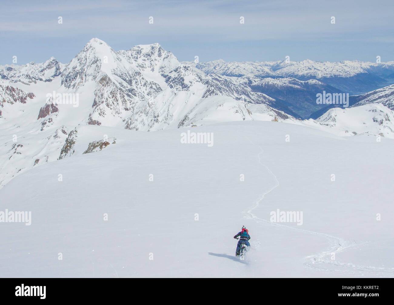 Cevedale mount, Valtellina, zentralen Alpen, Lombardei, Italien. Fat Bike im Abstieg mit Pulver Stockfoto