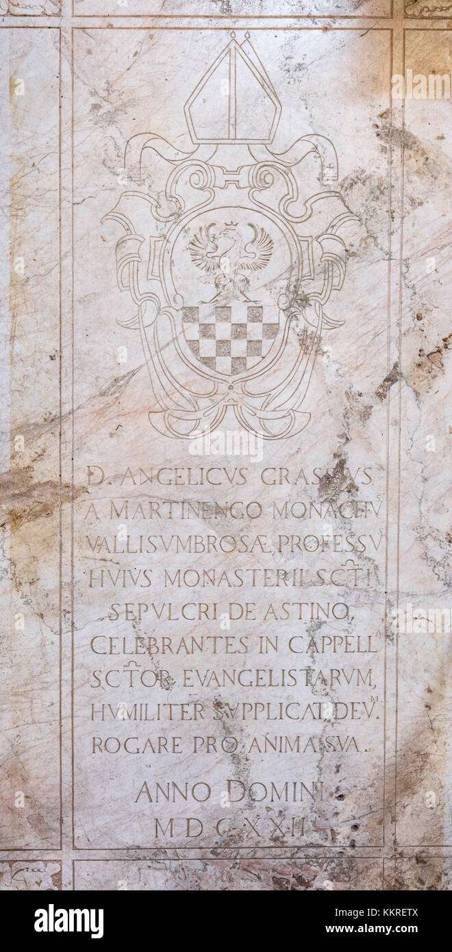 Inschriften auf Marmor, Kirche Santo Sepolcro, Kloster Astino, Longuelo, Provinz Bergamo, Lombardei, Italien, Europa Stockfoto