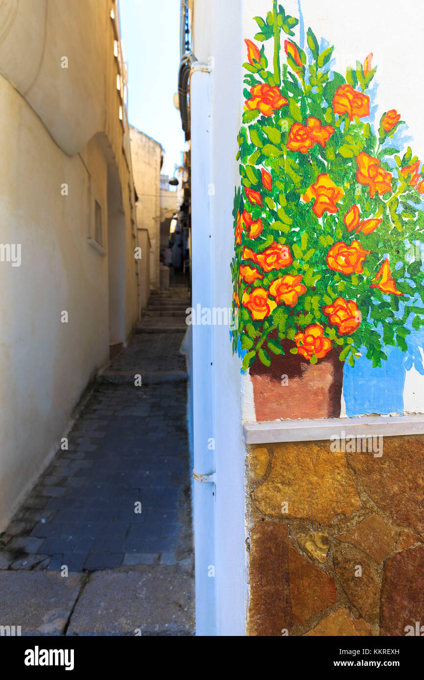 Blumen Malerei an der Ecke eines Hauses im historischen Zentrum von Rodi Garganico, Apulien (Puglia), Italien. Stockfoto