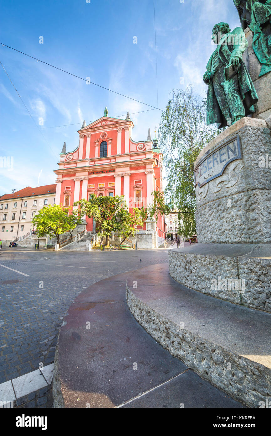 Die prešerenplatz und die Franziskanische Verkündigung Kirche. Altstadt von Ljubljiana, Osrednjeslovenska, Slowenien. Stockfoto