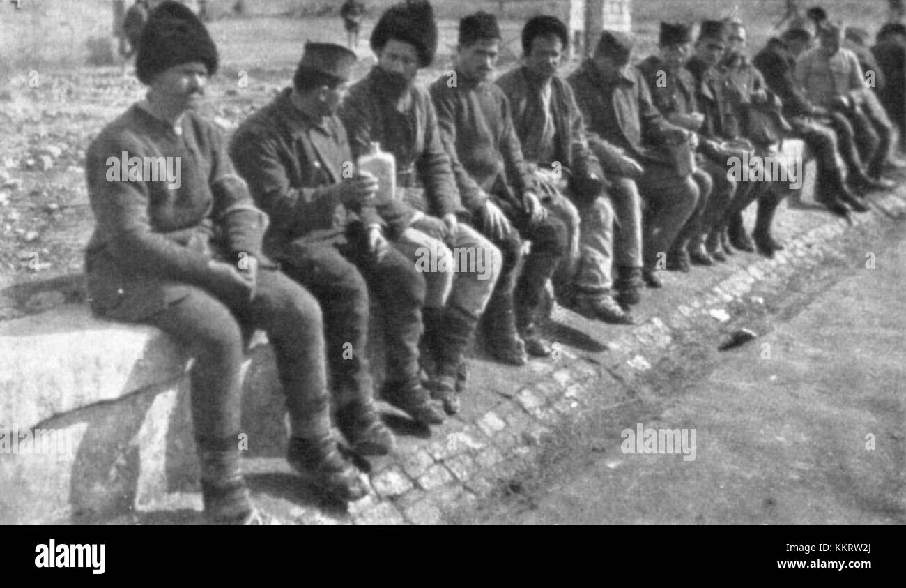 Dieses Foto aus dem Jahr 1914 zeigt eine Gruppe serbischer Reservisten, wahrscheinlich Teil des zweiten Aufrufs zum Militärdienst während des Ersten Weltkriegs. Das Bild gibt einen Einblick in die militärische Organisation und Vorbereitungen in Serbien vor dem Kriegsausbruch. Stockfoto