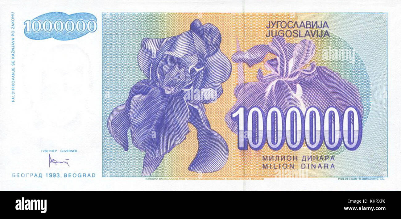 Die 1.000.000-Dinara-Banknote, Serie 1993b, ist eine hohe Stückelung, die während des Bosnienkrieges von der Nationalbank von Bosnien und Herzegowina ausgegeben wurde und die Hyperinflation widerspiegelt. Stockfoto