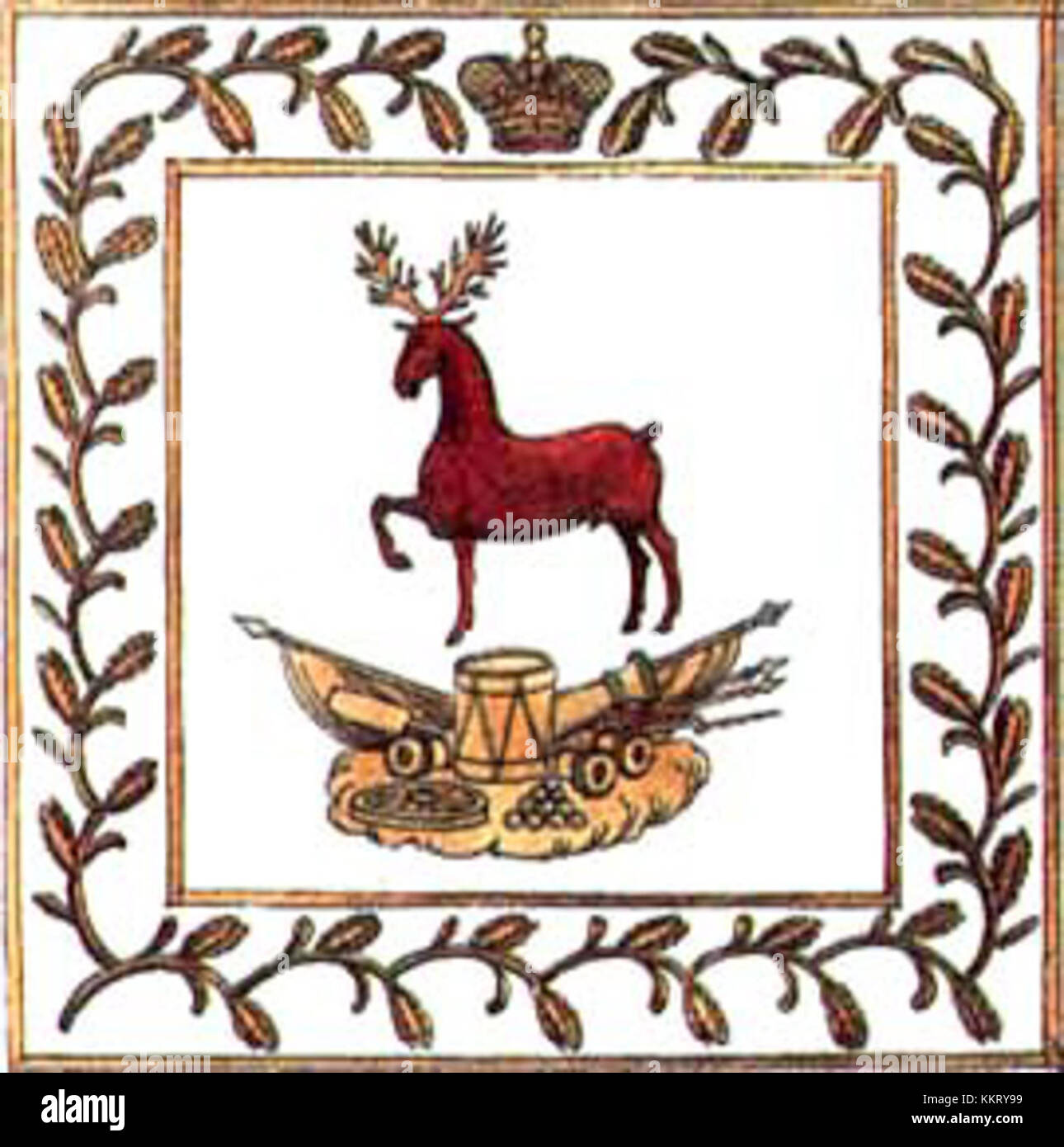 Die Znamja Nischgorodskogo Opolcheniya ist ein historischer russischer Militärstandard. Sie wurde von der Nischni Nowgorod-Miliz während des Vaterländischen Krieges 1812 gegen Napoleon getragen. Die Flagge symbolisiert den Widerstand und die Tapferkeit der Miliz angesichts der Invasion. Stockfoto