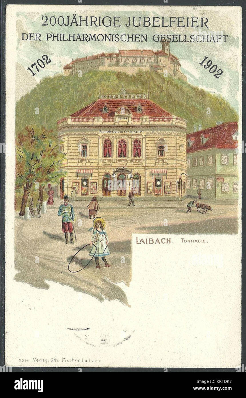Eine alte Postkarte aus dem Jahr 1902, die die Philharmonie in Ljubljana, Slowenien, darstellt. Der Saal, ein architektonisches Wahrzeichen, ist seit über einem Jahrhundert ein Zentrum für Musik- und Kulturveranstaltungen. Stockfoto