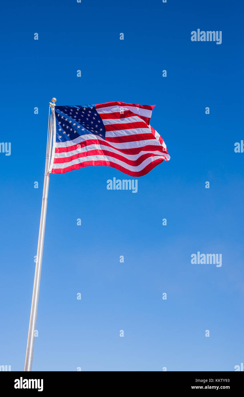 Usa american flag Waving mit klarem, blauem Himmel Hintergrund in den vertikalen Ansicht Stockfoto