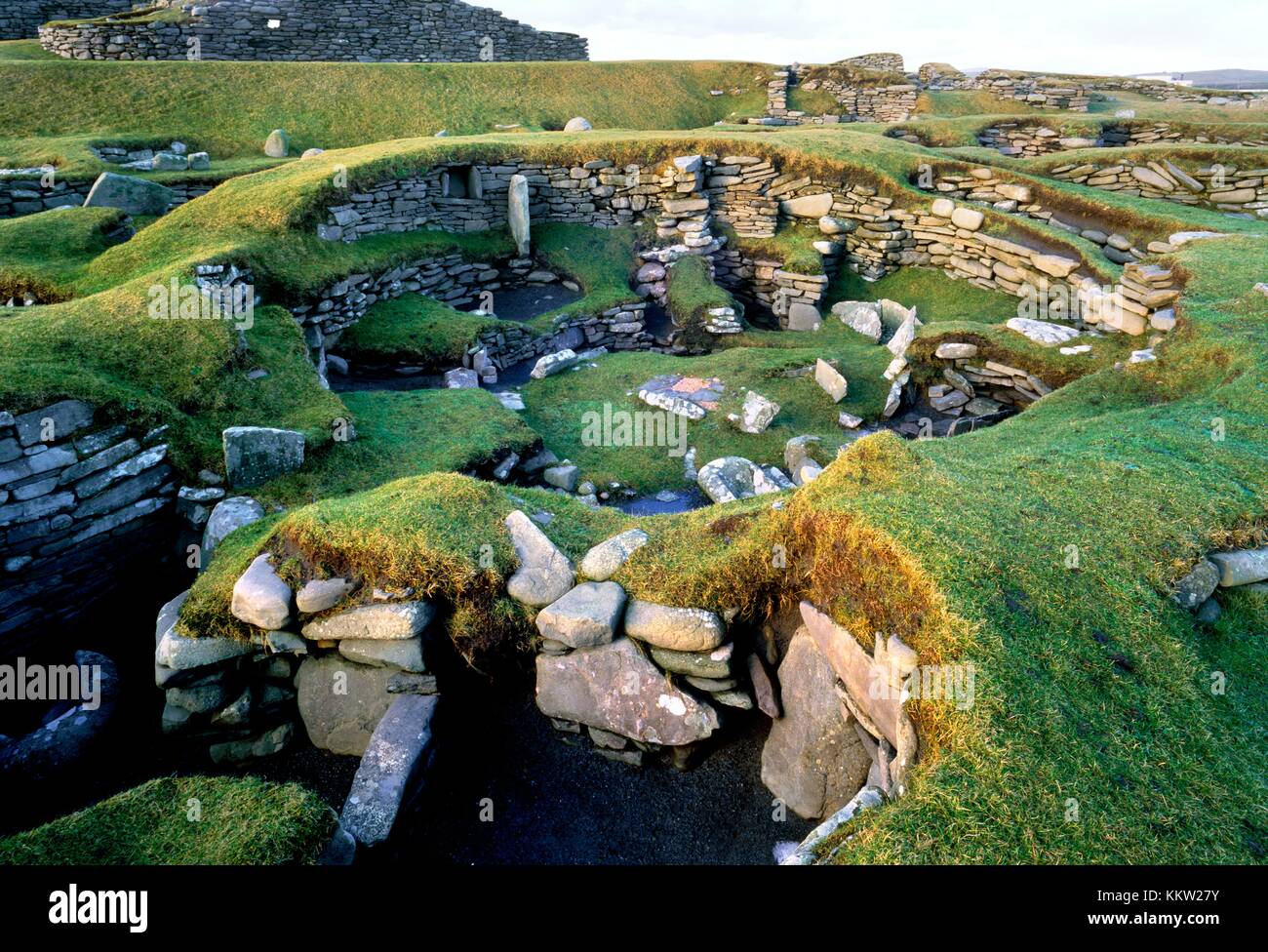 Jarlshof prähistorischen und Wikingerhof in Sumburgh, Shetland Inseln, Schottland. prähistorischen Steuerhaus Wohnhäuser Stockfoto