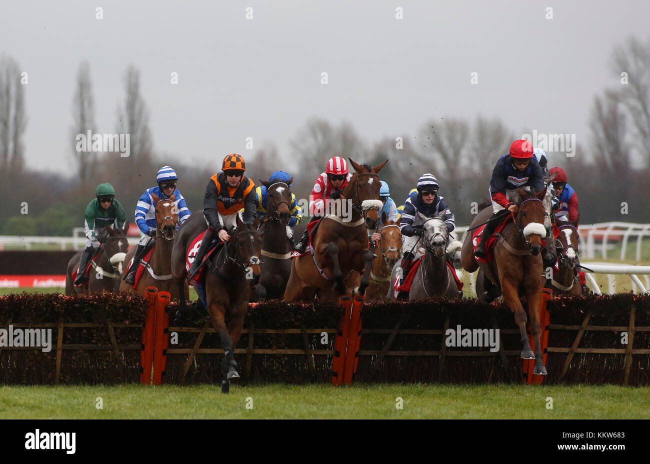 Alte Gaurd geritten von Bryony Frost (rote Kappe) das Feld über einen frühen Flug auf, bevor Sie die LADBROKES Handicap Hürde Rennen bei Tag zwei Der Ladbrokes Winter Karneval in Newbury Racecourse run zu Gewinnen führen. Stockfoto