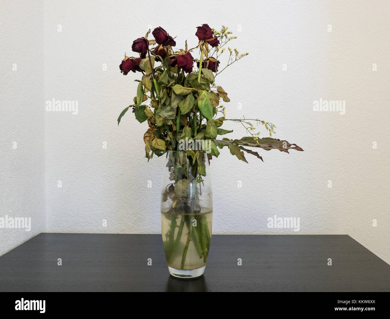 Verwelkte Blumen in einer Glasvase Stockfoto