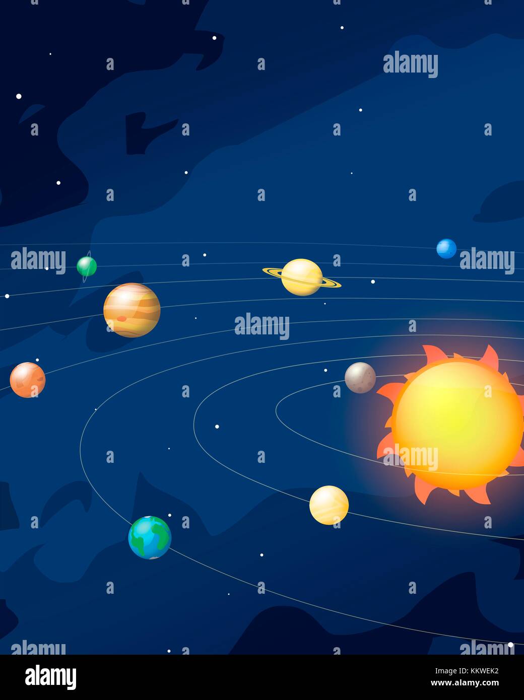 Comic-style Artwork des Sonnensystems, die zeigen die Wege der acht großen Planeten wie Sie umkreisen die Sonne. Die vier inneren Planeten sind, von innen nach außen, Merkur, Venus, Erde und Mars. Die vier äußeren Planeten sind, der inneren auf die äußeren, Jupiter, Saturn, Uranus und Neptun. Stockfoto