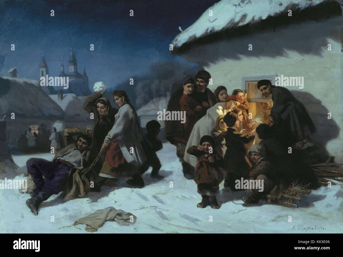 Konstantin Trutowskis Werk „Koljadki V Malorossii“ ist ein bemerkenswertes Stück aus seiner Sammlung, das ukrainische Volkstraditionen erfasst. Das Gemälde zeigt den Geist der ukrainischen Kultur und Volkspraktiken. Stockfoto