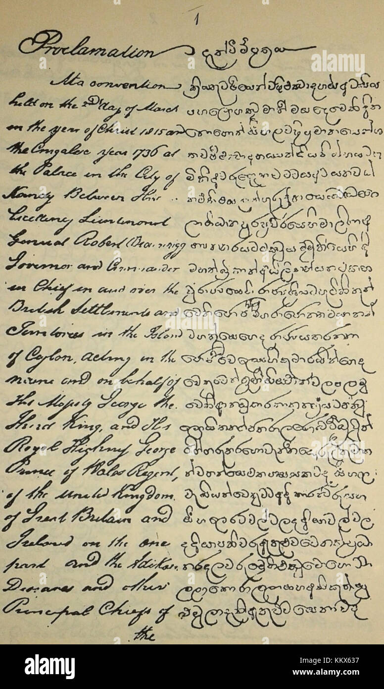 Die 1815 unterzeichnete Kandyan-Konvention war ein bedeutendes Ereignis in der Geschichte Sri Lankas, das zur britischen Kolonialherrschaft führte. Auf dieser Seite des Konvents werden die wichtigsten Elemente des Abkommens hervorgehoben. Stockfoto