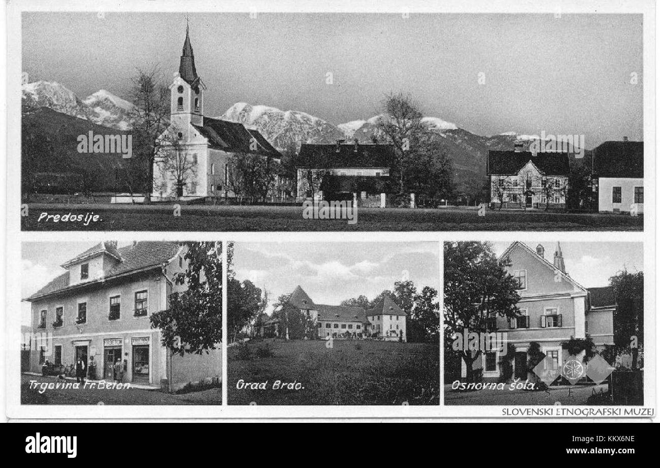 Eine Postkarte, die das Dorf Predoslje in Slowenien zeigt und die landschaftliche Schönheit der Region zeigt. Diese ländliche Gegend ist bekannt für ihre malerische Landschaft und die traditionelle slowenische Architektur. Stockfoto