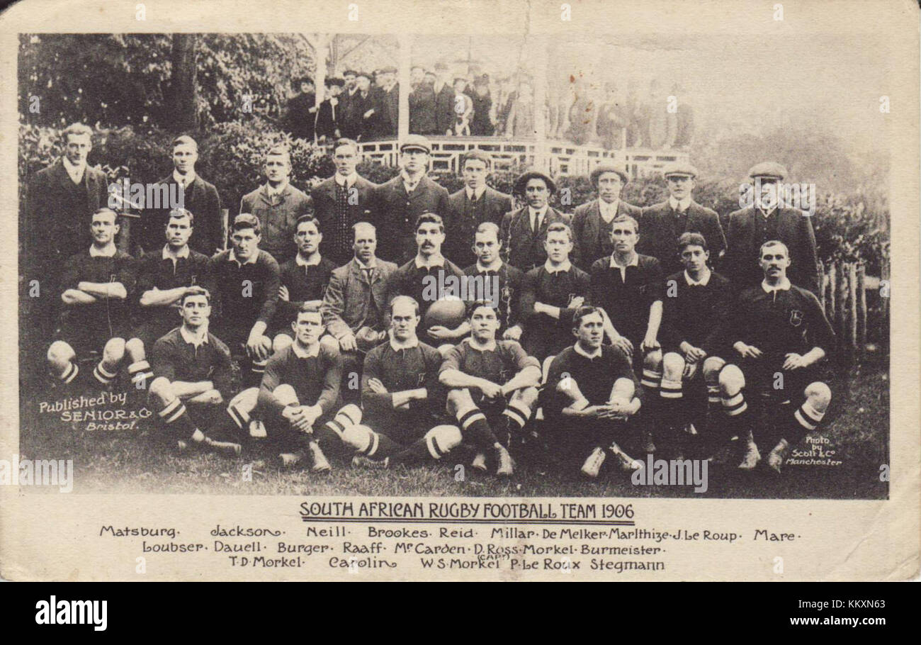 Das südafrikanische Rugby-Team von 1906 ist ein wichtiger Teil der Rugby-Geschichte, nachdem es in diesem Jahr seine erste große internationale Tour gemacht hat. Das Team spielte eine Schlüsselrolle bei der Etablierung der Präsenz Südafrikas im Rugby. Stockfoto