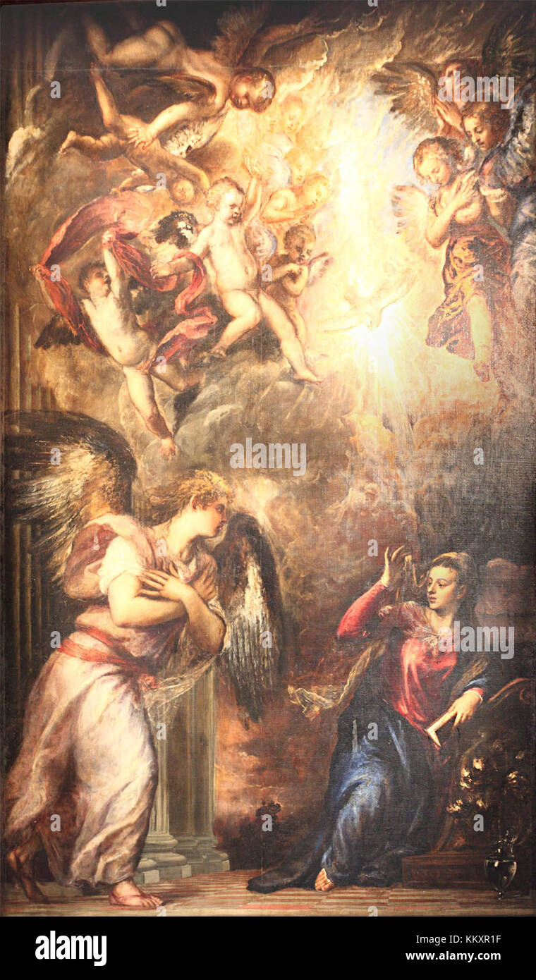 Bild von Tizians Gemälde „Verkündigung“, einem Meisterwerk der italienischen Renaissance-Kunst. Stockfoto