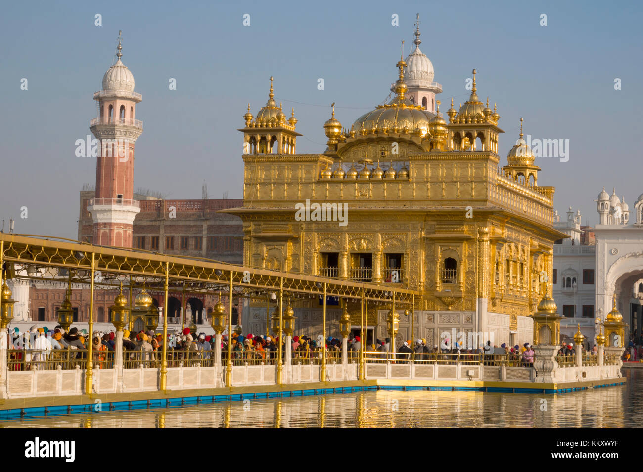 Große Warteschlange der Sikh devotees warten, den Goldenen Tempel in Amritsar, Punjab, Indien eingeben Stockfoto