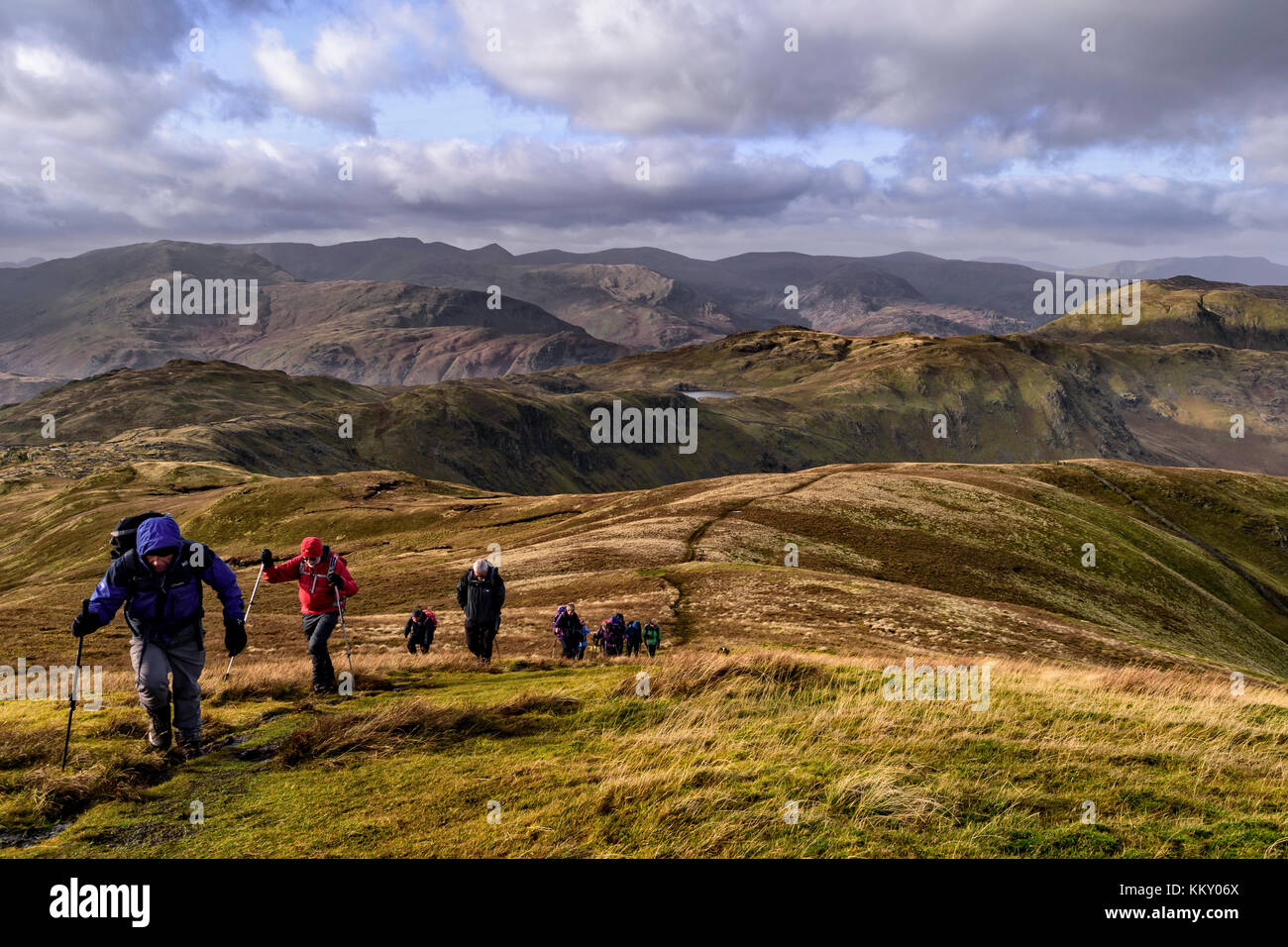 Eine Gruppe von fellwalkers Klettern rest Dodd an einem schönen Herbsttag Stockfoto